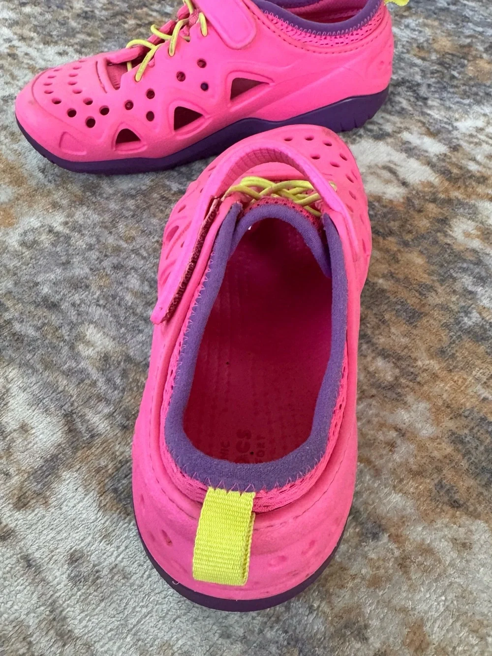 CROCS Kids Hot Pink Water Shoes with Yellow Laces